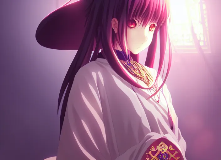 Image similar to anime priestess grand temple, Karolis Strautniekas,omoide emanon, tsuruta kenji, murata range,kawaii, kyoto animation, manga, intricate, detailed, studio lighting, gradation,editorial illustration, matte print, Ilya Kuvshinov