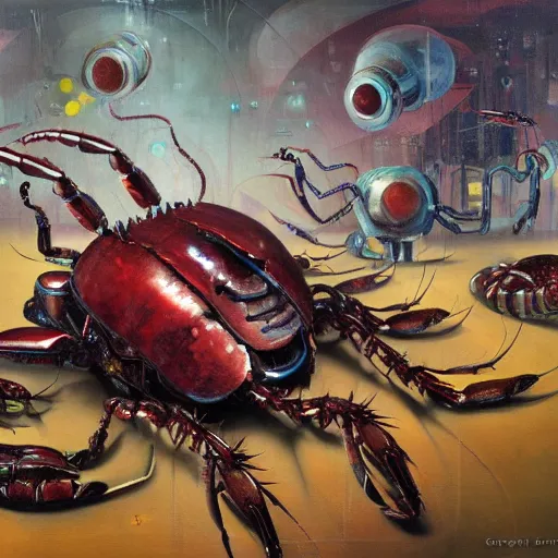 Image similar to robot crustacean, programming languages, oil on canvas by greg rutkowski and roberto matta