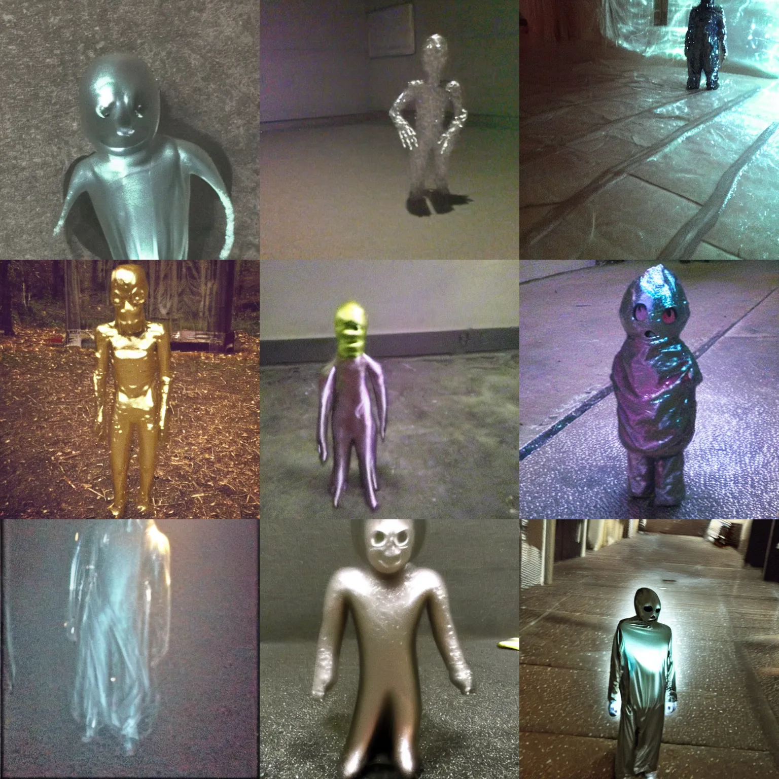 Prompt: idiotic little creature. metallic translucent spirit guy ghostly thing. eerie bad spiritual grainy photograph