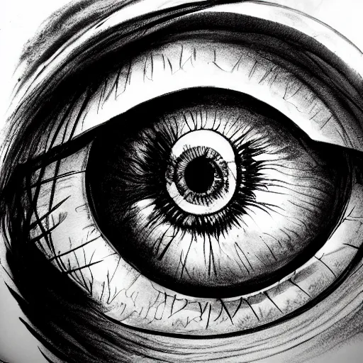 Image similar to highly detailed ink sketch of a human eye that is shattered like a mirror heavy black high contrast anatomical detail black and white