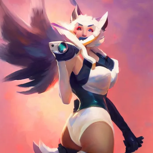 Image similar to greg manchess portrait painting of ahri as overwatch character, medium shot, asymmetrical, profile picture, organic painting, sunny day, matte painting, bold shapes, hard edges, street art, trending on artstation, by huang guangjian and gil elvgren and sachin teng