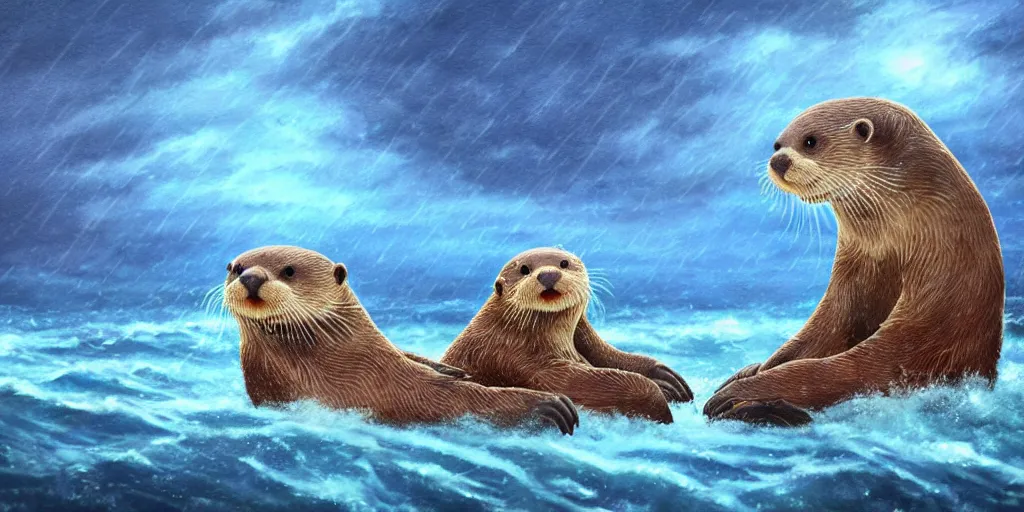 Prompt: A pair of adorable otters falling in love holding hands side by side, all alone in the middle of a huge storm at sea, fantasy illustration, cinematic, dreamlike, Award winning, romance, detailed trending on art station masterpiece