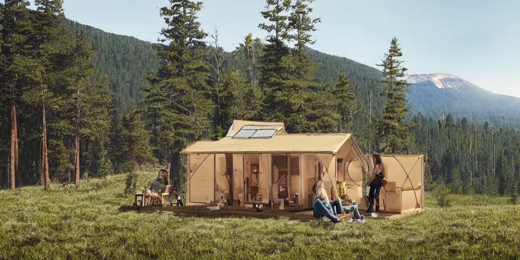 Prompt: cabela's outdoors popup micro - compact modular home, quick assembly, utilitarian, glamping, airbnb, temporary emergency shelter, person in foreground, cliffside mountainous forested wilderness open fields, beautiful views, photorealistic painterly advertising concept art, sharp focus, joanna gaines, farmhouse, magnolia, architectural concept art painting