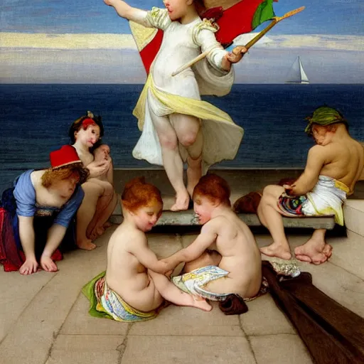 Image similar to Children with jester hats and clothes forming a circle on the front of a Balustrade with a beach and a sail boat on the background, major arcana cards, by paul delaroche, alphonse mucha and arnold böcklin arnold böcklin hyperrealistic 8k, very detailed