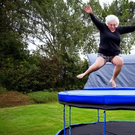Prompt: grandma jumping on trampoline