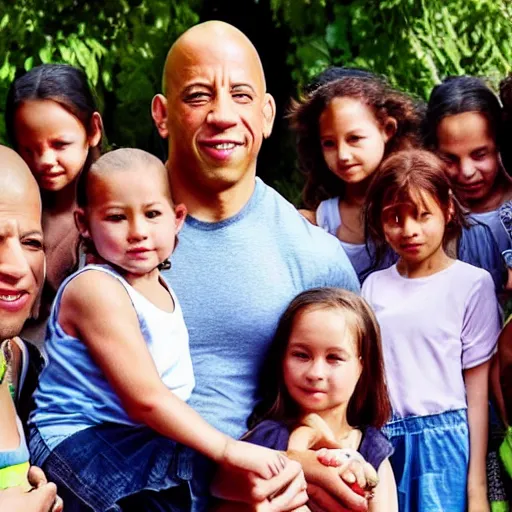 Image similar to closeup photo of vin diesel and his wife and 6 children, sunny day, village house, pastoral, happy, very high detail of faces, cinematic, art by jan urschel and neil blevins