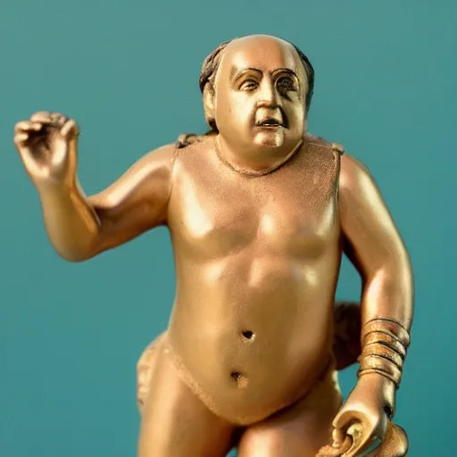 Image similar to an ancient statuette of a dancing danny devito, beautiful, priceless, hd, bejeweled, studio photography