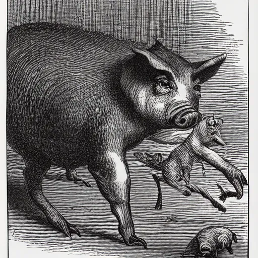 Prompt: Squealer the pig walking on two legs, creepy atmosphere, close-up, illustration by Gustave Doré, Animal Farm by George Orwell