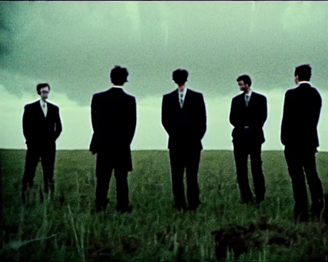 Image similar to 8 mm film, blurry, grainy, liminal, unsettling, group of tall men in suits in a field, thunderstorm, dark night