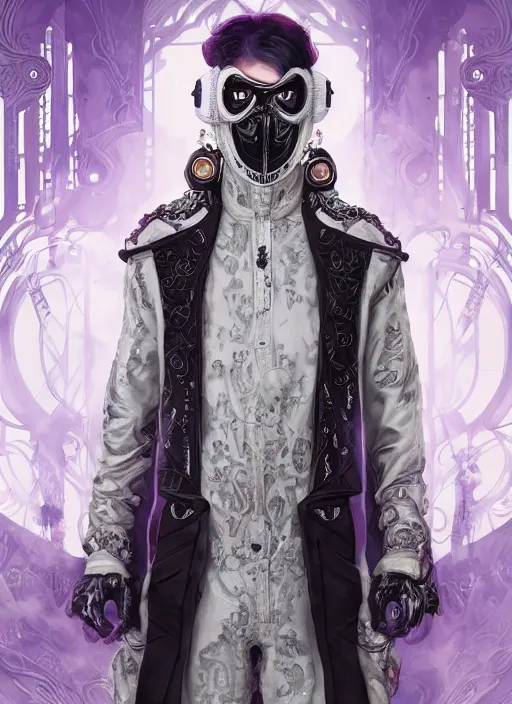 Image similar to a handsome male ornate cyborg with a white techwear mask, purple garment with art nouveau ivory accessories, dressed in black intricate lace and jewels, ethereal, misty, cyberpunk, darksynth, luxury, concept art by zeen chin, extremely detailed, artstation, andree wallin, edvige faini, alphonse mucha, 8 k, unreal engine 5