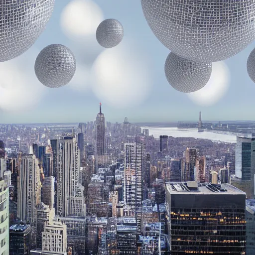 Prompt: dozens of huge metallic white spheres float above the skyline of new york city