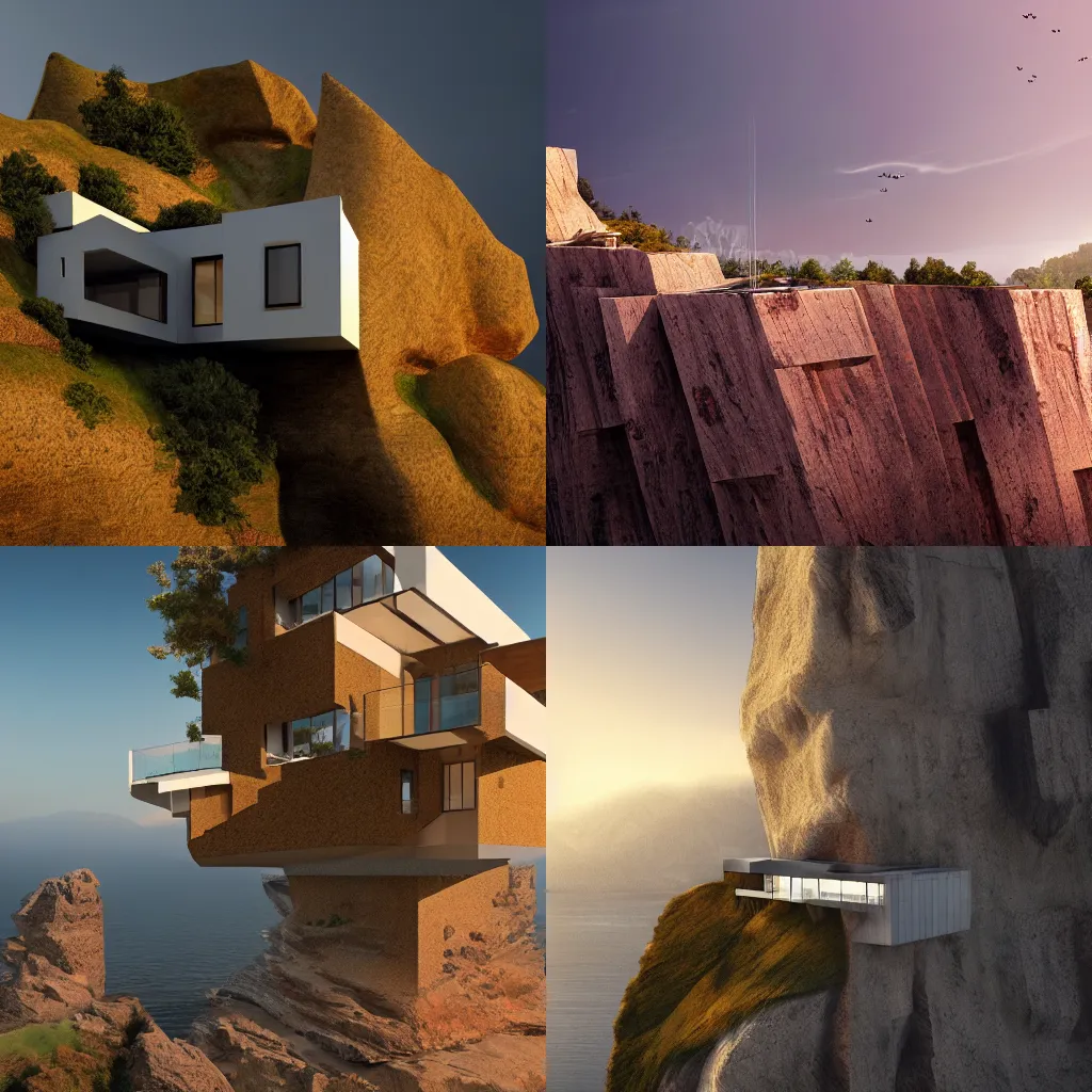 Prompt: modern house on a cliff, golden hour, architecture, concept art, matte painting