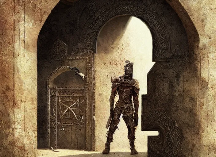 Prompt: surrealism grunge of an arab warrior infront of a dimentional gate . intricate artwork. Eerie ancient alien symbols carved into the walls, digital art,realistic,detailed,art by greg rutkowski