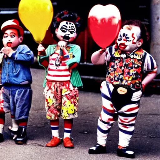 Prompt: garbage pail kids watching a gang of 1950s clown street performers,