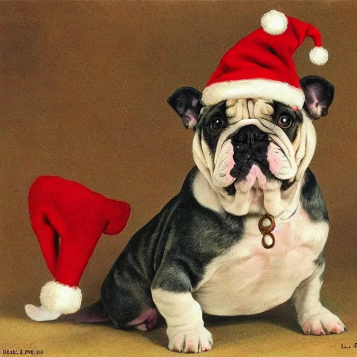 Image similar to cute bulldog puppy wearing a christmas hat by louis wain