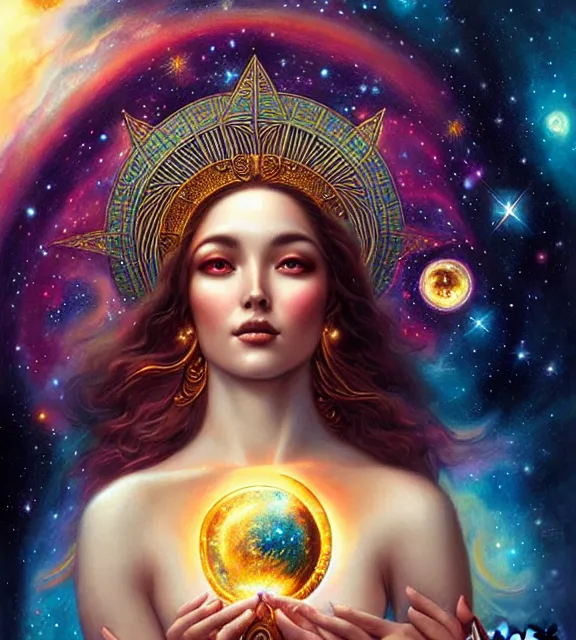Image similar to goddess of the cosmos, astral background, tarot card, ornate, digital art by artgerm and karol bak