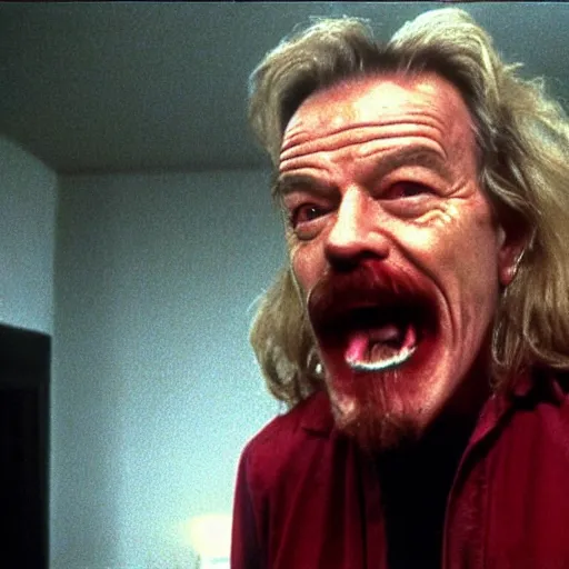 Prompt: bryan cranston as killer bob frightening, creepy, scary climbing over couch in twin peaks, scene from episode, 8 k, 1 9 9 0