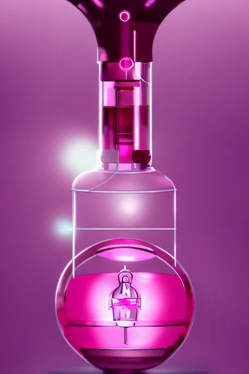 Image similar to Pink Vapor Inhalation Machine in a Medical Laboratory Connected to a Spherical Bottle of Pink Liquid by a Tube, Pink Vapor Leaking from an Oxygen Mask, beautiful woman, fantasy, magic, ultra detailed, digital art, trending on artstation, illustration