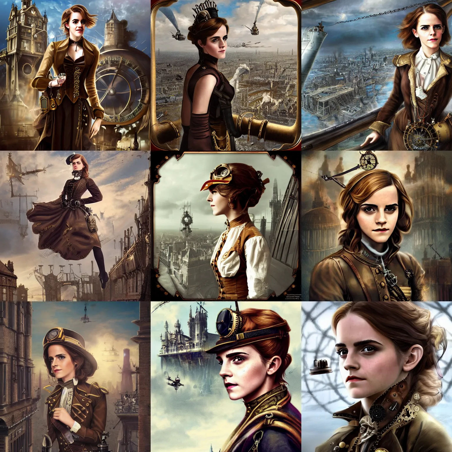 Prompt: Emma Watson as a steampunk airship pilot, looking down at Victorian London, digital steampunk art, trending on ArtStation