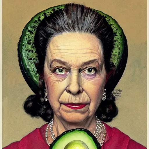 Prompt: frontal portrait of the queen of the avocado Kingdom, by Norman Rockwell and Gerald Brom