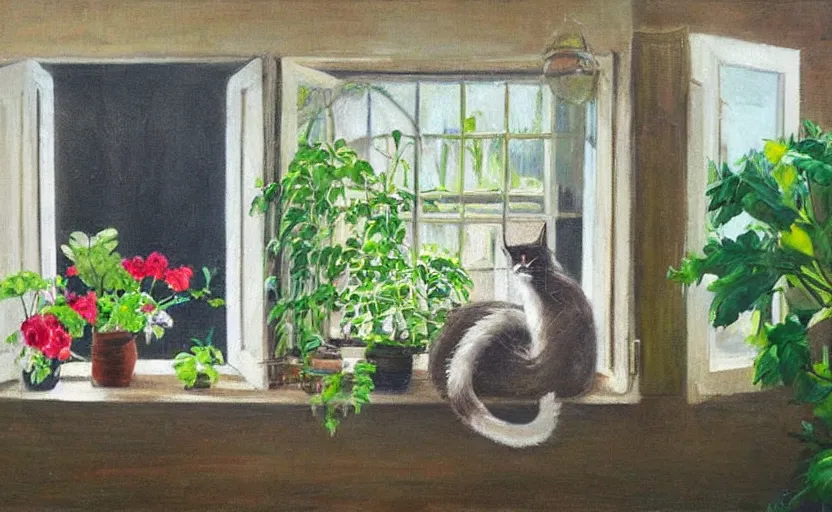 Prompt: sleeping cat on window, inside house in village, plants, detailed oil painting