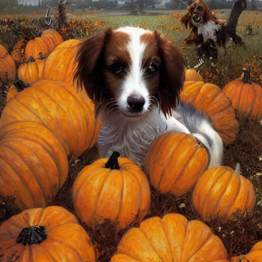 Image similar to a very cute scruffy long haired jack russell terrier puppy, white with chocolate brown spots and a brown patch over both eyes, amidst piles of pumpkins. halloween autumn fall art. beautiful painting by artgerm and greg rutkowski and alphonse mucha