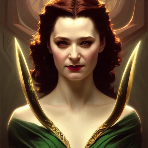 Prompt: of a female Loki, dark fantasy, medium shot, intricate, ornate, elegant, highly detailed, digital painting, volumetric light, artstation, concept art, smooth, sharp focus, illustration, art by Gil Elvgren and Charlie Bowater and Greg Rutkowski and Alphonse Mucha