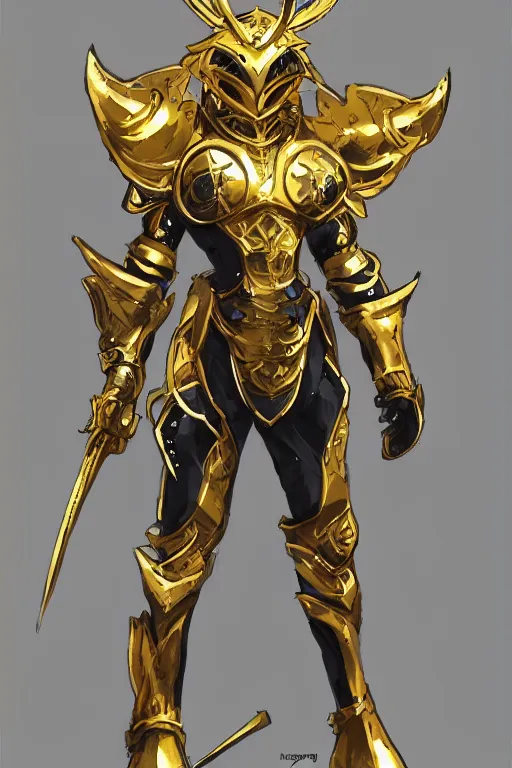 an anime showing the new golden armor zodiac Knight by, Stable Diffusion