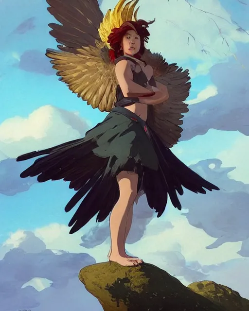 Prompt: a female anthropomorphic eagle warrior standing heroically on a rock. trees. atmospheric lighting, stunning, brave. Eagle girl. by studio ghibli painting, clouds, wide angle , low-angle shot, by Joaquin Sorolla rhads Leyendecker, by Ohara Koson and Thomas Kinkade, traditional Japanese colors, superior quality, masterpiece,trending on artstation, isometric