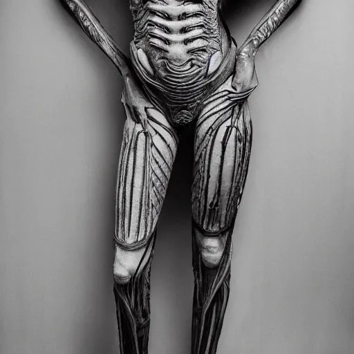 Prompt: full body photograph of a beautiful woman in the style of H.R. Giger