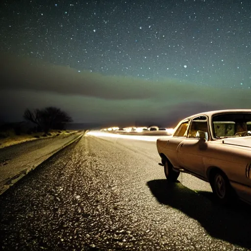 Prompt: car driving around ghost town, dreamy, night, darkness