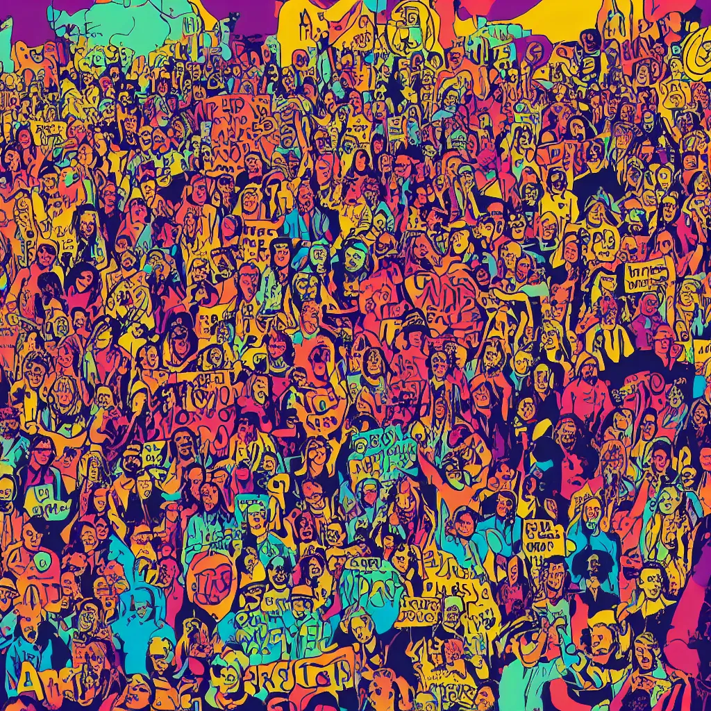 Image similar to a 60's psychedelic poster of hippies protesting against computers and artificial intelligence, sign with a computer