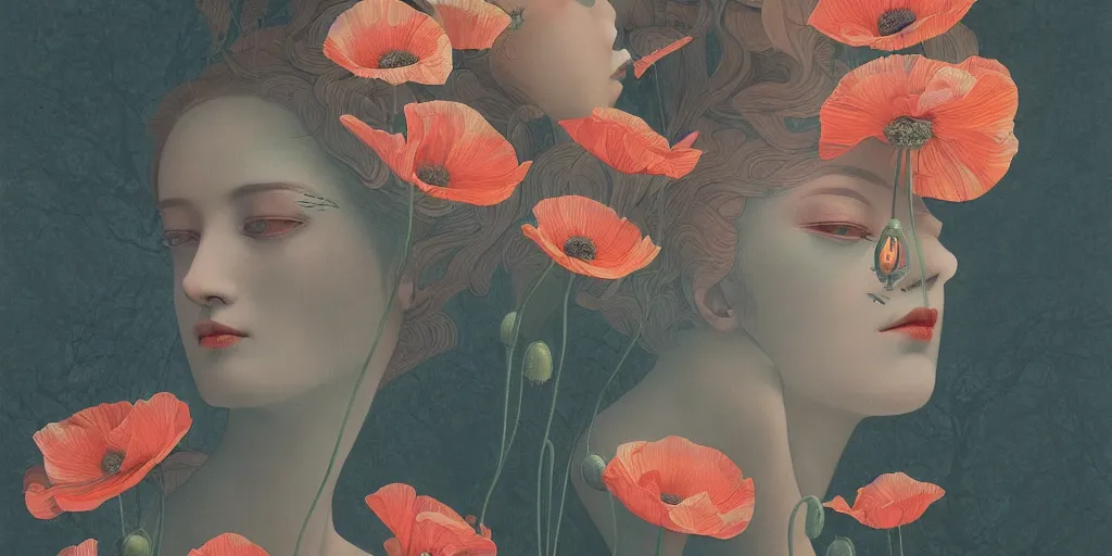 Prompt: breathtaking detailed concept art painting art deco pattern of faces goddesses of poppy flowers with anxious piercing eyes and blend of flowers and birds, by hsiao - ron cheng and john james audubon, bizarre compositions, exquisite detail, extremely moody lighting, 8 k