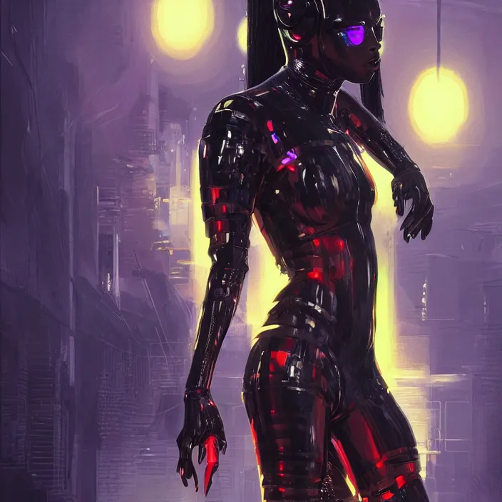 Image similar to african domme mistress, futuristic, ebony, rubber suit, spikes, bright surrounding, neon lights, smooth, concept art, realistic painting, digital art by greg rutkowski, by junji ito