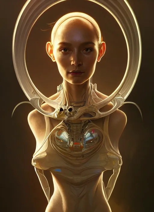 Prompt: portrait of alien scientist, intricate, elegant, highly detailed, ray tracing, digital painting, artstation, concept art, smooth, sharp focus, illustration, art by artgerm and greg rutkowski and alphonse mucha, 8 k