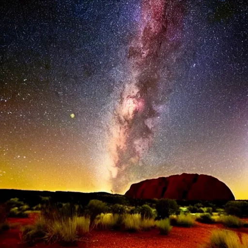 Prompt: Uluru at night, Milky Way Galaxy, photography