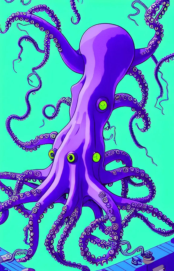 Image similar to robotic octopus by miyazaki, blue green purple color palette, illustration, kenneth blom, mental alchemy, james jean, pablo amaringo, naudline pierre, contemporary art, hyper detailed
