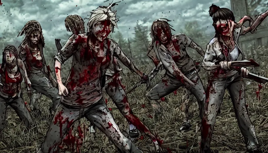 Image similar to full - body action shot of a well - armed female with tattered, blood - soaked clothing, using a sword to fight a horde of the walking dead, in the style of a highly - detailed anime characters