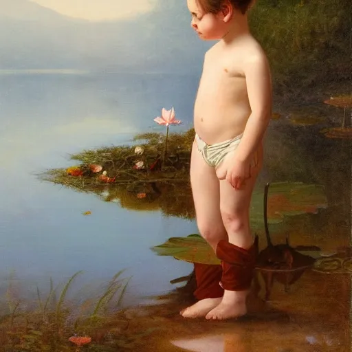 Prompt: in the style of William Whitaker, a boy is Looking at the lotus in the lake,very high details, facial details, Realism painting, 4K ,