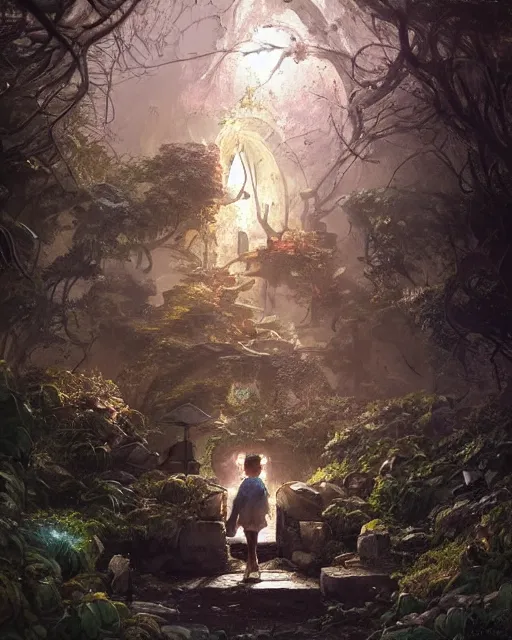 Image similar to a child looking at a portal in the hidden garden, scare, environment art, fantasy art, landscape art, in the style of greg rutkowski, illustration, epic, fantasy, intricate, hyper detailed, artstation, concept art, smooth, sharp focus, ray tracing