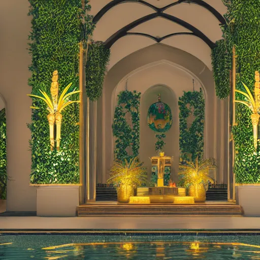 Image similar to cathedral interior with koi pond in the middle surrounded by palm trees, ivy, flowers, tropical plants, neon glow, gold lining, glossy gold statue, roses, and with archways. style leonardo + year 1 8 2 5, two men, rendered in octane render with photorealistic lighting