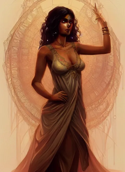 Image similar to cute brown woman wearing a transparent night gown, fantasy, intricate, highly detailed, digital painting, artstation, concept art, wallpaper, smooth, sharp focus, illustration, art by artgerm and greg rutkowski and alphonse mucha