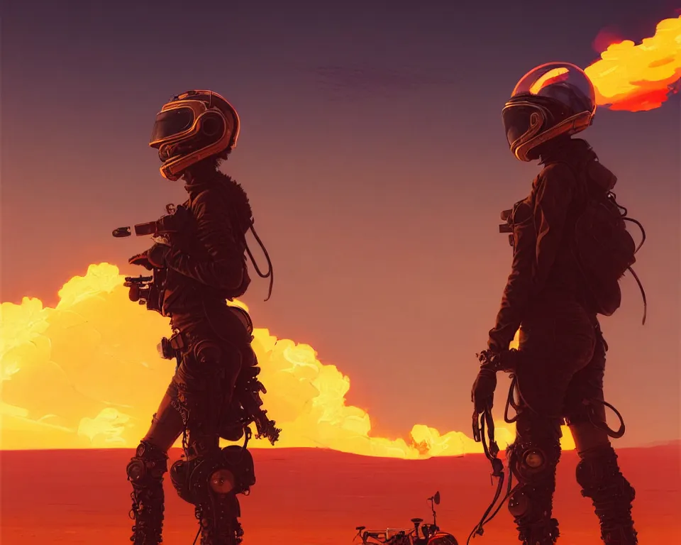 Prompt: a ultradetailed beautiful panting of post apocalyptic biker with helmet in front of burning desert, by ilya kuvshinov, greg rutkowski and makoto shinkai, trending on artstation