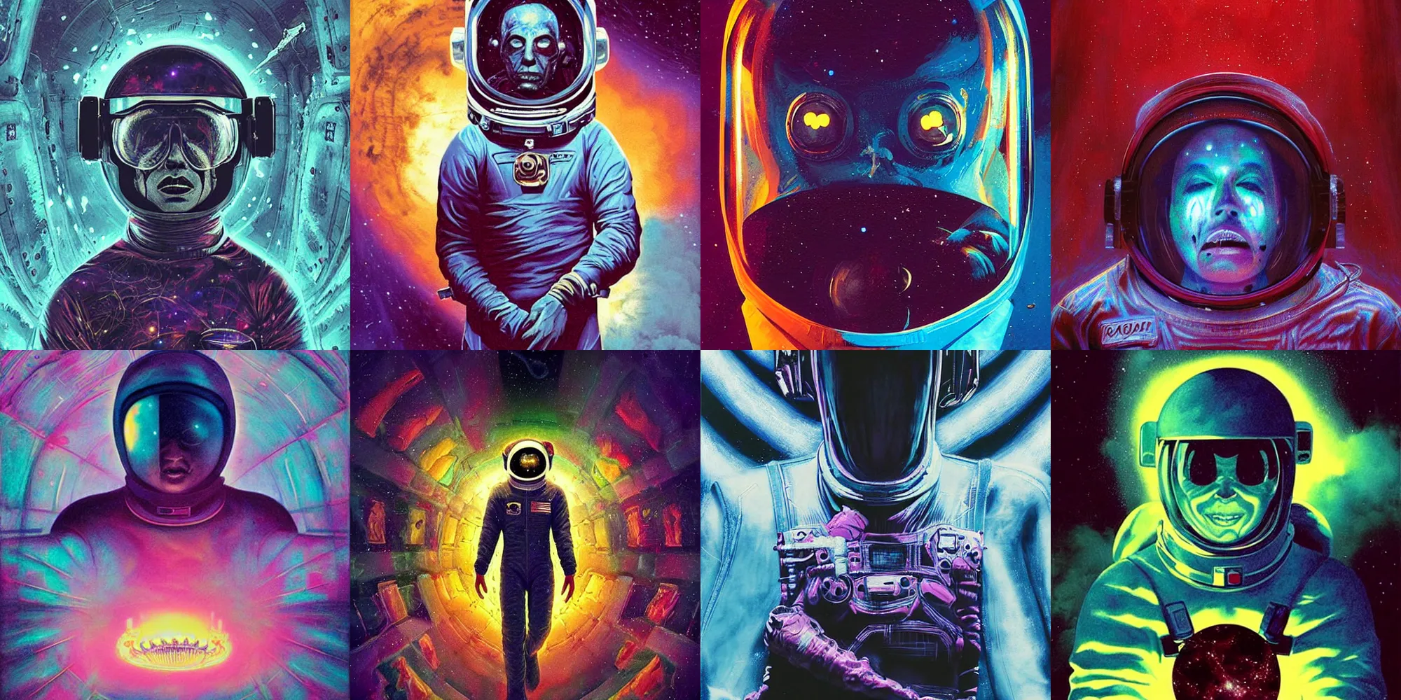 Image similar to astronaut, horror poster 9 0 s, cosmic horror, abstract, ghostly, arcade, duotone, poltergeist, lets get weird, intricate, elegant, highly detailed, digital painting, artstation, smooth, sharp focus, art by mondo, julian del rey and greg rutkowski, david la chapelle, ultraviolet colors,