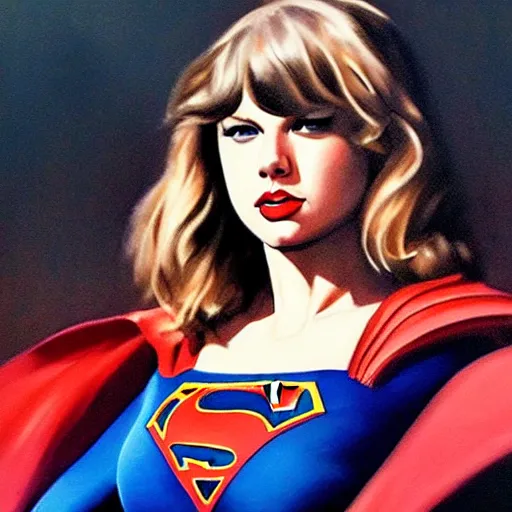 Image similar to ultra realistic portrait painting of taylor swift in the movie supergirl, art by frank frazetta, 4 k, ultra realistic, highly detailed, epic lighting.