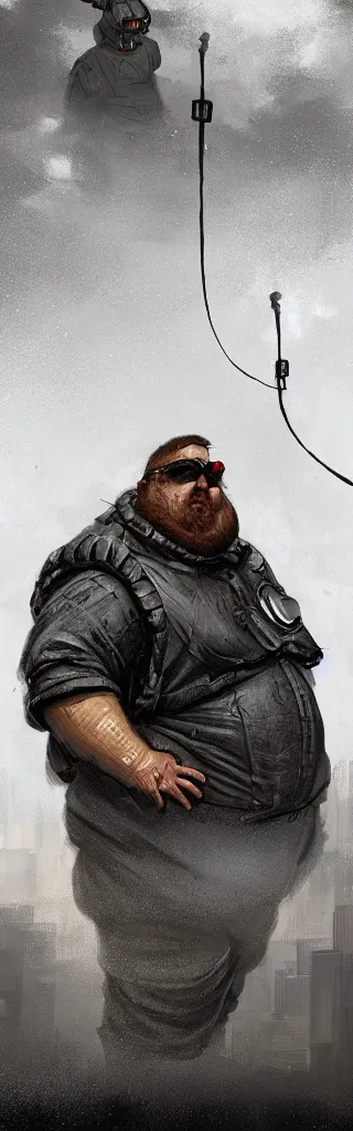 Image similar to portrait of a fat man sci fi soldier ranger, brutalist city architecture, dark epic, cables and wires, high details, ceremonial clouds, dripping paint, fibonacci rhythm, artstation, art germ, wlop, pablo dominguez, sabbas apterus, award - winning, artstation