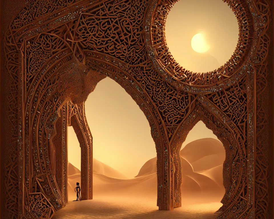 Prompt: an islamic style ornamental gate in the desert opens into an other dimension with different alien landscape. ornament, intarsia, portal, doorway, dynamic lighting, ambient lighting, atmospherical, photorealistic fantasy concept art, trending on art station, stunning visuals, creative, cinematic, ultra detailed