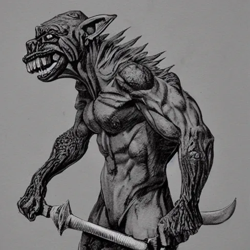 Prompt: dog - faced muscular goblin, ugly face, lizard tail, holding scimitar made of bone, hyper - detailed, primeval fantasy, prehistoric fantasy, drawn by frank frazetta