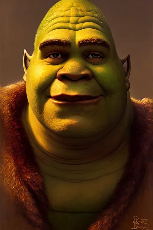 Image similar to a half body portrait of shrek, high detail, cleary see face, by gaston bussiere, bayard wu, greg rutkowski, devine, odd nerdrum, maxim verehin, dan dos santos, masterpiece, sharp focus, cinematic lightning