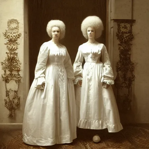 Image similar to photograph of two women with 18. century white costumes and white big baroque curly wigs, standing in a hall, candle light only